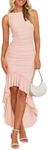 ZESICA Women's Summer Ruched Bodycon Dress Sleeveless Backless Ruffle Mermaid Cocktail Wedding Party Dresses,Pink,X-Large