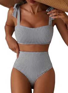 Herseas Women's Black Striped 2 Piece Bikini Sets Adjustable Tie Shoulder Push Up Swim Suits 2026 Summer High Waisted Ladies Bathing Suit Casual Resort Outfits X-Small