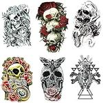 Skull Temporary Tattoo for men, Teens Guys,kids boys 6 Sheets by Yesallwas, Waterproof long lasting Fake Tattoos Stickers for Arms Shoulders Chest & Back- Moth,Rose Skull Tattoo (A)