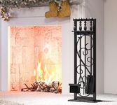 Kingson 5 Pcs Fireplace Tools Wood Stove Fireset Accessories Outdoor Firepit Tools Fireplace Décor Indoor Fire Tools Set with Decorative Scroll Stand, Handy Shovel, Brush, Tongs, Poker-Black