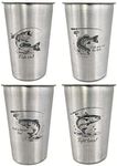 LVDGE 4 Pack 16oz Stainless Steel Cups - Unique Laser-Engraved Fish Graphics, Stackable Durable Metal Cold Drink Cups for Fishing Trips, Outdoor Gatherings & Parties (Fishing)