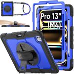 SEYMAC stock Case for iPad Pro 13 Inch M4 Chip 2024 with Screen Protector, Pencil Holder, 360° Rotating Hand Strap & Stand, Portable Shoulder Strap, Shockproof Function, Blue+Black