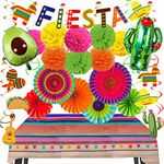 Recosis Fiesta Party Decorations, Multi-Colored Paper Fans Pom Poms Fiesta Banner Mexican Tablecloth Hanging Swirls Cactu Avocado Balloon for Mexican Fiesta Cinco De Mayo Taco Birthday Party Supplies