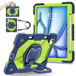 FONREST Rugged Case for iPad Air 11-inch M2 (2024) A2902/A2903/A2904 with Rotating Hanging Ring Handle Kickstand, Heavy Duty Shock-Proof Armor Cover w/Shoulder Strap, Stylus Holder (Navy+Green)