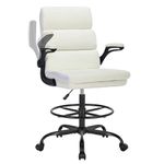 Amseatec Drafting Chair Tall Office Chair with Padded Flip-up Armrests Executive Ergonomic Computer Standing Desk Chair with Comfortable Leather Backrest and Adjustable Footrest Ring (White)