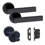 Golden Grace Delta Design Door Handle Matt Black Finish Bathroom WC Toilet Door Handle Set with 64mm Bathroom Mortise Lock and Thumbturn on Round Rose