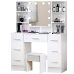 Koestem Large White Dressing Table, LED Lights with Adjustable Brightness, Makeup Vanity with 7 Drawers, Open Shelves, Hidden Storage Shelves, White for Women and Girls ESW-52