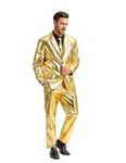 Fashonal Gold Suits for Men Disco Costume Halloween Outfits, Two Button Golden Metallic Jacket Pants Set with Tie, Gold Size M