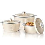 Nyra Jaypee Insulated Casserole Dishes with Lid | Serving Pot | Food Warmer | Thermal Pot for Food | Soup | Salad | Stainless Steel Food Container | Set of 3 | 1, 1.5, 2 Litre (Beige)