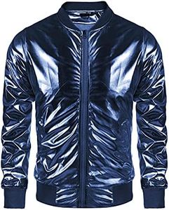COOFANDY Men's Metallic Jacket 70s Disco Christmas Party Varsity Jacket Zip-up Baseball Bomber, Navy Blue, Small
