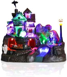 Halloween Village House Decorations 8.8 inch Lighted Haunted House with Animated Train Skull Ghost Bat Pumpkin Statue Scary Music Halloween Village Figurine Party Holiday Collection Table Indoor Decor