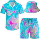 ifamawlea trippy Men'S 2 Piece Hawaiian Shirt Shorts Button Down rave Shirt And Shorts Sets With Bucket Hats 3X-Large