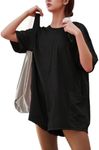 AmorLee Tshirts Rompers for Women Casual Short Sleeve Back V Neck Oversized Pocket Shorts Overall Romper Cute Jumpsuits, A Black, Medium