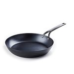 BK Black Steel Pre-Seasoned 28 cm Carbon Steel Frying Pan Skillet, Suitable for Induction, Oven & Broiler Safe up to 350C, Durable and Professional, Black