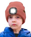 ATNKE Kids LED Lighted Beanie Hat,USB Rechargeable 4 LED Running Headlamp Ultra Bright Cap with Light Hands Free Head Torch Winter Warm Knit Beany Great Gifts for Boys and Girls/Bean Paste Powder