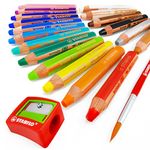 STABILO - Woody 3 in 1 Multi-Media Watercolour Pencils - Jumbo Easy-Grip - Pack of 18 With Sharpener and Brush