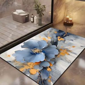 Yellow Weaves 3D Patterned Anti Slip Water Soaking Floor Mat, Water Absorbent Non Slip Bath Mat, Quick Dry Mat for Bathroom, Door Mat for Home, Kitchen, Office (Pack of 2) - Blue Flower