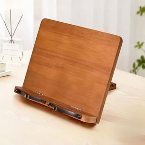 Book Stand for Reading Bamboo Cookbook Stand for Kitchen Adjustable Foldable Book Holder with Page Holder Clips Height Adjustable for Tablet Textbook Laptops Music Books Documents (Medium Brown)