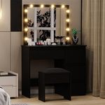 GarveeHome Makeup Vanity Desk with Mirror & Lights, Vanity Desk with Power Outlet, Large Makeup Table with Stool & 4 Drawers