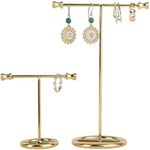 GemeShou Gold Metal 2pcs T Bar Earring Display Stand, Jewelry Holders for online store Retail photography props【Gold- Round Base 2pcs Height 7.5cm and 15cm】