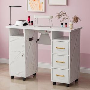 Belandi Manicure Table Nail Station with Charging Station, Marbling Texture Nail Tech Table Nail Table Station w/Dust Collector, Power Outlets, Non-Woven Drawers & Wrist Cushion(White)