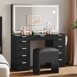 DWVO 46'' Makeup Vanity Set with LED Mirror & Power Outlets, 11-Drawer Vanity Desk with Magnifying Glass and Storage Stool, Wooden Dressing Table for Bedroom (Deep Black)