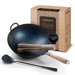 Mammafong Traditional Hand Hammered Pre-seasoned Round Bottom Carbon Steel Wok Set with Wok Spatula and Bamboo Brush (14 inch preseasoned wok set)…