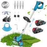 Cordless Grass Trimmer Compatible with Makita, Height Adjustable Electric Strimmer with 2 Wheels. Strimmer Brush Cutter for Garden Clearing Weeds Flower Trees (18V 2x3000mAh Battery and Charger)