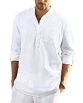 Enlision Mens Cotton Linen Shirts Summer Lightweight Beach Shirt Long Sleeve Roll Up Collarless White Henley Shirt XL