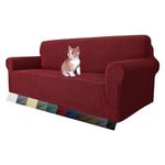 MAXIJIN Super Stretch Couch Cover for 3 Seater Couch, 1-Piece Universal Sofa Covers Living Room Jacquard Spandex Furniture Protector Dogs Pet Friendly Fitted Couch Slipcover (3 Seater, Wine Red)