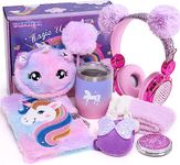 Tacobear Unicorn Gifts for Girls Toy Age 5 6 7 8-12 with 3.5mm Wired Headphones Locked Diary Water Bottle Plush Bag Purse S