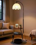 WEIRD WOLF 3 Shelf Floor Lamp for Living Room with Side Table & Storage Basket, 3 Color Dimmable LED Light, Adjustable Height 160-170 cm, Modern Arc Standing Lamp for Bedroom & Reading Corner