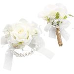 Floroom Ivory Rose Wrist Corsage Bracelet Wristlet Band and Men Boutonniere Set for White Wedding Flower Accessories Prom Suits