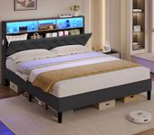 ADORNEVE Queen Bed Frame with LED Lights Headboard, Platform Bed Frame Queen Size with Storage Shelves and Charging Station, Easy Assembly, Dark Grey