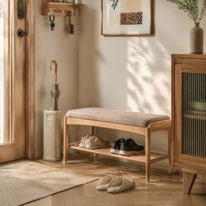 Vadisun Oak Wood Shoe Bench, 40 Inch Entryway Bench with Gray Cushion