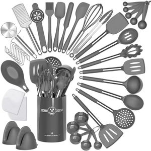 Umite Chef Silicone Kitchen Cooking Utensil Set, 43 pcs Silicone Spatula with Stainless Steel Handle, Non-Stick Heat Resistant - Best Cookware (Grey)