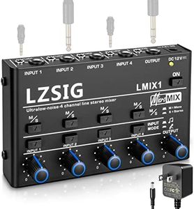 LZSIG Mini Audio Mixer,Stereo Line Mixer for Sub-Mixing,Ultra Low-Noise,4-Channel,Dynamic Microphone Independent Control, 1/4" & 1/8" TRS Output and Input,for Guitars,Bass,Keyboards (Small(4-Channel))