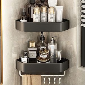 EAQ 2 Pack Corner Shower Shelves, Shower Organizer with 4 Removable Hooks and Towel bar,Adhesive No Drilling Wall Mounted Or Organizer Basket for Washroom/Toilet/Dorm/Kitchen, Matte Black