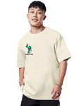 Veirdo White Oversized Cotton Crew Neck T-Shirt with Chest Print for Men