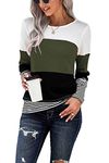 SMENG T Shirts for Womens Clothes UK Long Sleeve Jumper Patchwork Crew Neck Color Block Sweatshirts Quality Clothes Striped Pullover Green Size(UK14-16)