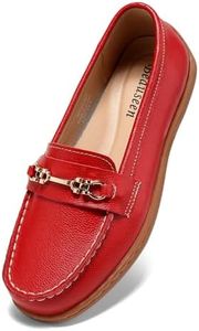 BEAUSEEN Women's Buckles Penny Loafer with Dressy Comfortable Slip-on Flat Shoes for Office Work Walking Red,10.5 US