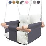 CaTeam - Canvas Baby Swing, Wooden Hanging Swing Seat Chair with Safety Belt, Durable Baby Swing Chair, Outdoor and Indoor Swing for Kids, Mounting Hardware Included, Gray-White