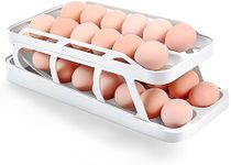 TUSGENK Egg Holder Dispenser, Double Rows Automatic Egg Roller Refrigerator Rolling Eggs Storage with 2 Tier Space Saving Egg Tray For Refrigerator (White)