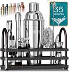 BARE BARREL® Mixology Bartender Kit Bar Set | 14-Piece Cocktail Shaker Set | Martini Barware Mixing Tools for Home Bartending | 35 Recipe Cards | Gift Set (24oz Cobbler Shaker, Silver/Black)