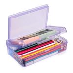 Meiikun 1 Pack Pencil Box 2 Compartments, Large Pencil Case for Boys Girls, Assorted Colors Crayon Box Clear Pencil Cases, Stationery Storage Organizer for Students School Office (Purple)