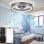 Low Profile Ceiling Fan with Light and Remote Bladeless Bedroom Ceiling Fan with Light, 20in Small Flush Mount Ceiling Fan Dimmable Modern Enclosed Ceiling Fans for Small Room