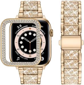 wutwuk Bling Diamond Band with Case Compatible with Apple Watch Bands Women 45mm Series 9 8 7,Dressy Metal Bracelet Stainless Steel Replacement iWatch Wristband for ladies, Rose Gold 45mm