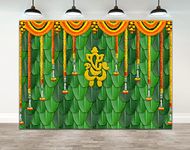 Ticuenicoa 7×5ft India Pooja Traditional Photography Backdrop Diwali Backdrops Banana Leaf Green Chatiya Ganesh Background Marigold Puja Ganpati Wedding Photo Tapestry Booth Props