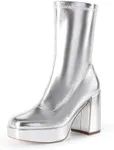 DREAM PAIRS Women's Mid Calf Gogo Boots Platform High Chunky Block Heel Square Toe Ankle Boots,Size 6,METALLIC SILVER,SDMB2410W