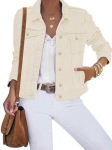 luvamia Womens Fashion Button Down Stretch Long Sleeves Trucker Jean Jacket Women Denim Jackets Cream Lightweight Jacket Women Jean Jacket Vacation Outfits For Women Size Medium Fits Size 8 Size 10